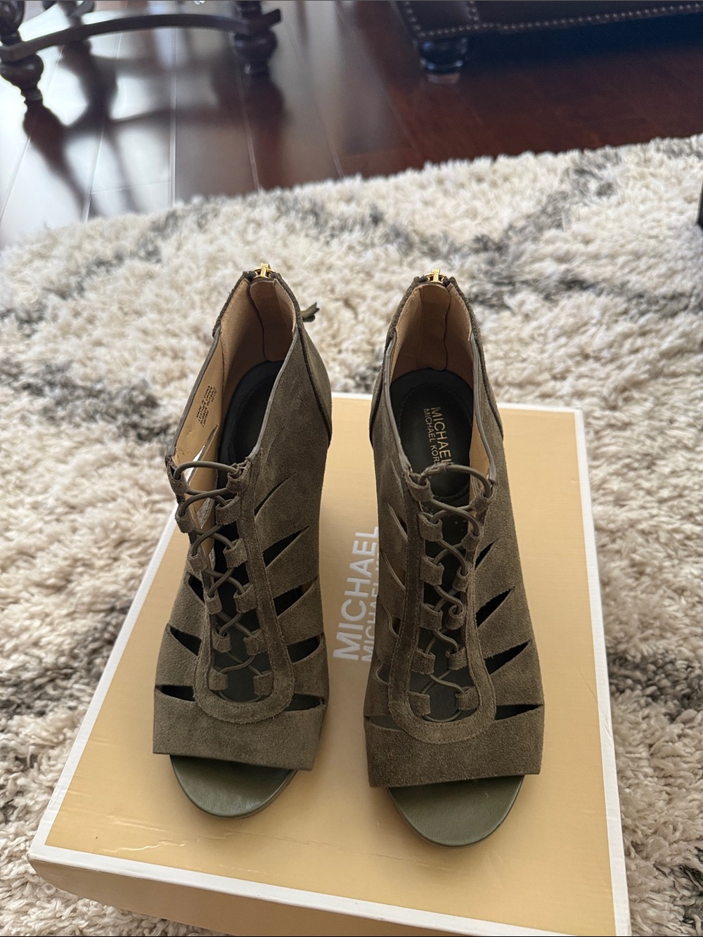Michael Kors Olive Suede Lace-Up Peep Toe Booties with Cutouts